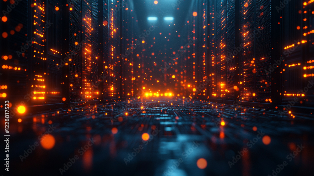 Fototapeta premium Battery storage systems in a high-tech facility with racks and glowing indicators minimalistic bright tone modern blurred background with empty caption space on the side