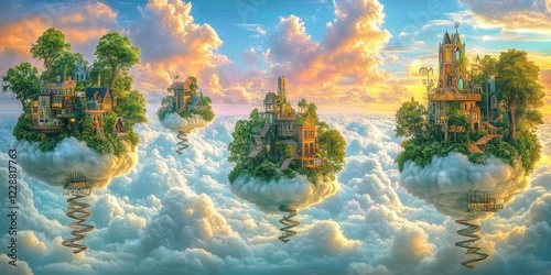 A surreal landscape featuring floating islands with whimsical houses amidst colorful clouds.