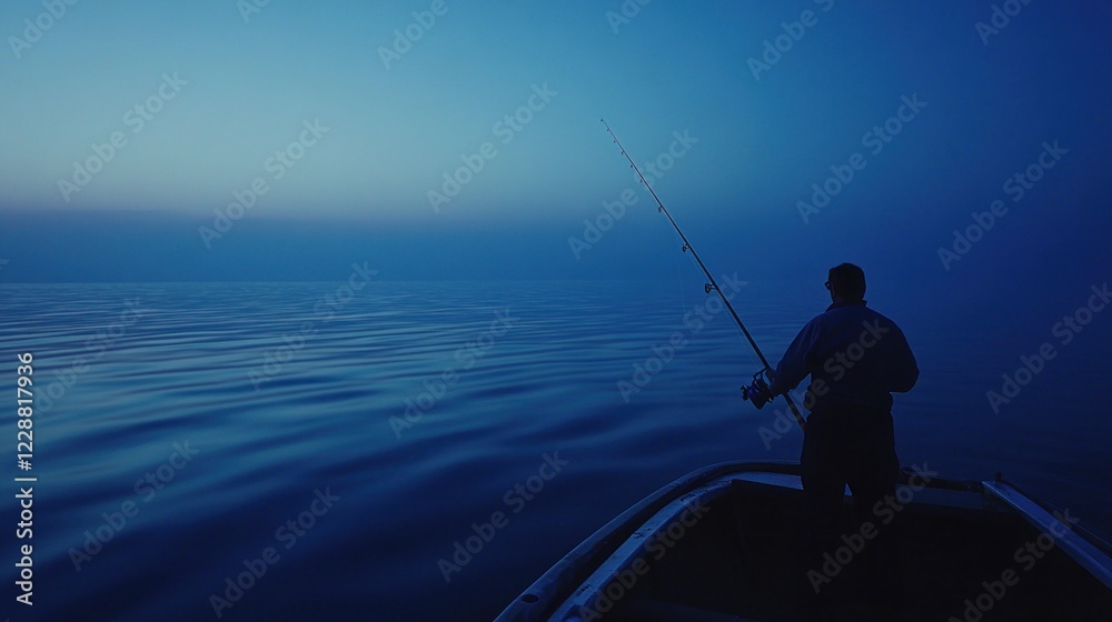 Man fishing at dawn, calm sea, misty background Man fishing at dawn, calm sea, misty background