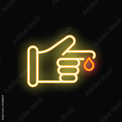 Neon glowing icon of a hand taking a blood sample with a finger prick test