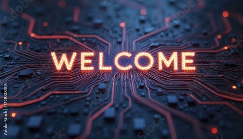 Glowing Red LED WELCOME on Circuit Board with Futuristic Tech Vibe