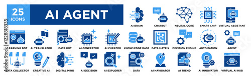 AI Agent icon collection set. Containing design AI Brain, Chatbot, Neural Core, Smart Chip, Virtual Assistant	