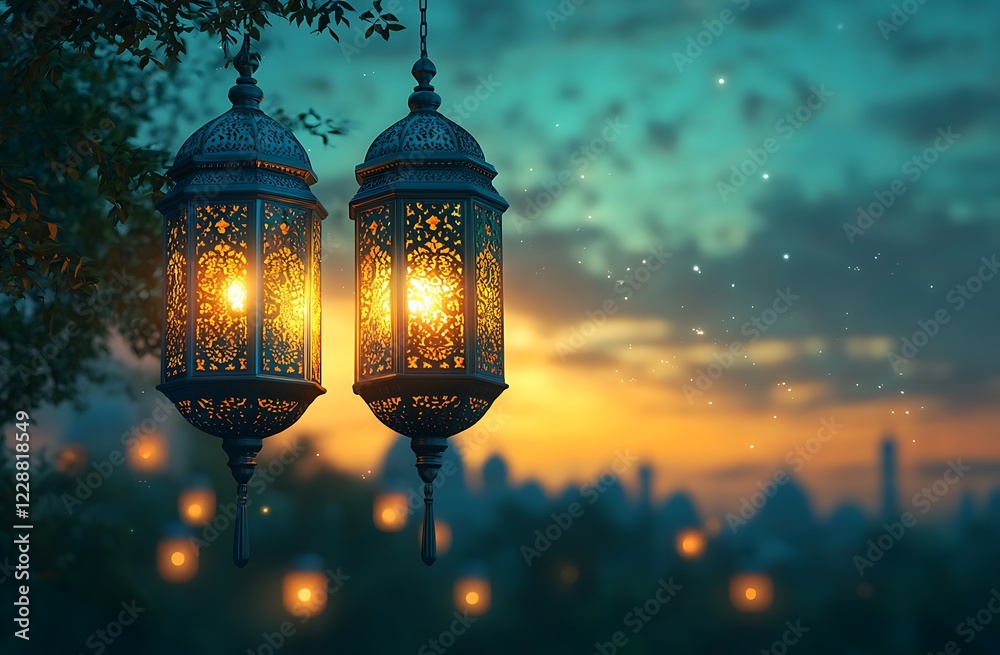 Two Ornate Lanterns Illuminated at Dusk with a Blurred Cityscape in the Background
Two Ornate Lanterns Illuminated at Dusk with a Blurred Cityscape in the Background