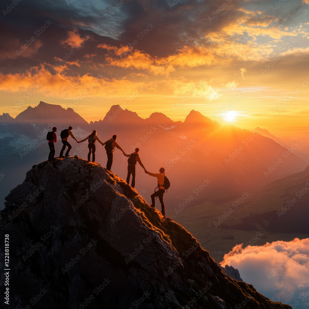 Group of hikers reaching the summit at sunset in the mountains with stunning views