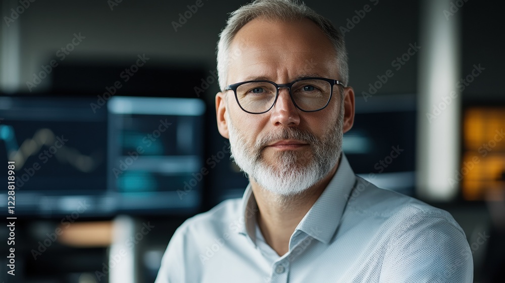 Obraz premium Confident businessman with glasses posing in modern office setting with screens.