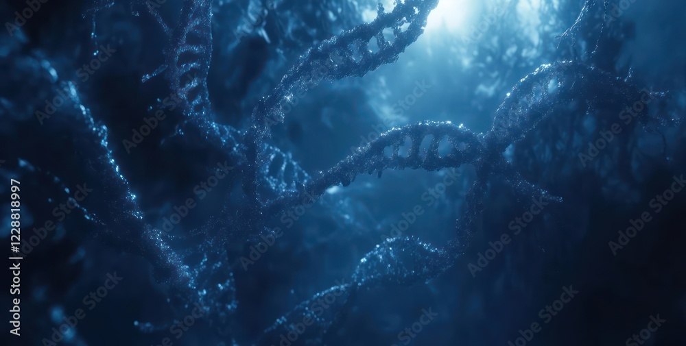 Abstract background with a double helix of DNA in blue, an AI and biology concept. Abstract background with a double helix of DNA in blue, an AI and biology concept.