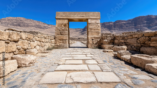 beautifully carved stone gateway stands tall amidst ancient ruins, inviting exploration