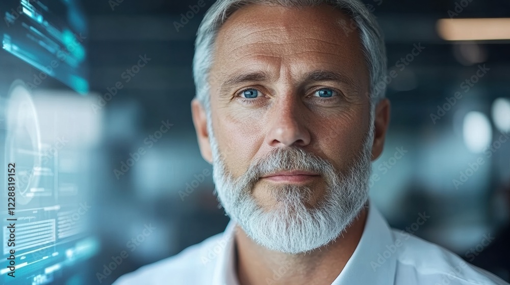 Confident businessman with gray beard and digital interface in background.