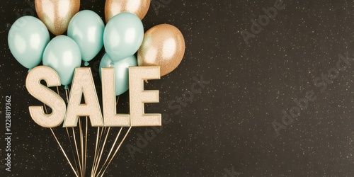Festive Sale Celebration with Golden and Teal Balloons on Glittery Background