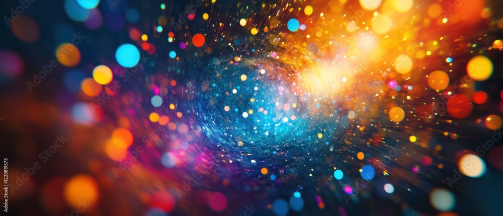 Obraz premium Abstract video camera lens with colorful light effects. Background for a banner, poster, or presentation about film and television production studio business concepts.