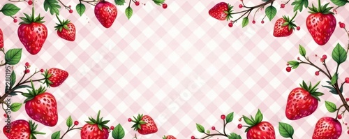 Watercolor strawberry branch pattern, charming checkered backdrop , pattern, nature