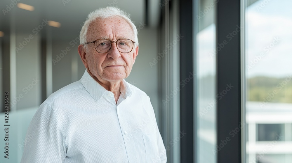 Confident elderly man standing by a large window in a modern office environment. Confident elderly man standing by a large window in a modern office environment.