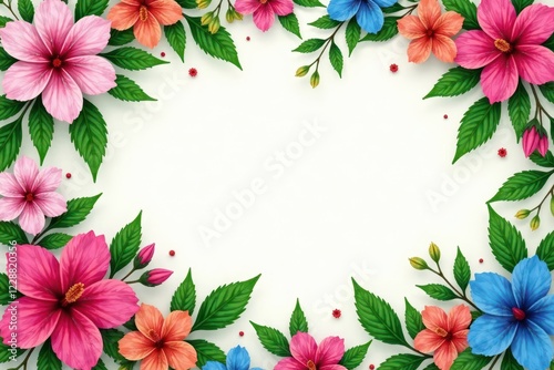 Vibrant blossoms, intricate leaves, continuous floral design, retro, garden