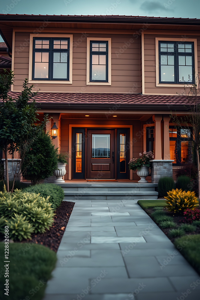 Obraz premium Luxury Home Exterior at Night: Modern Architecture, Landscaping, and Elegant Design