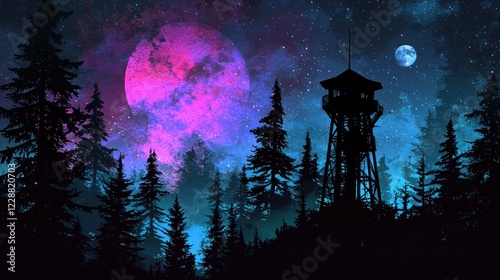 Night forest watchtower, surreal moon, starry sky, fantasy landscape, wallpaper
