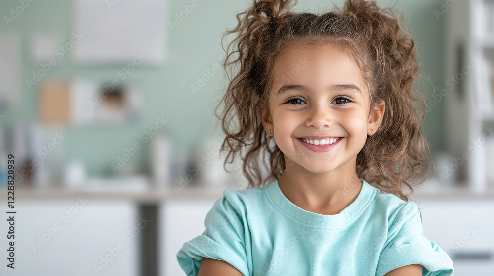 Smiling girl with curly hair in light blue shirt, joyful expression Smiling girl with curly hair in light blue shirt, joyful expression