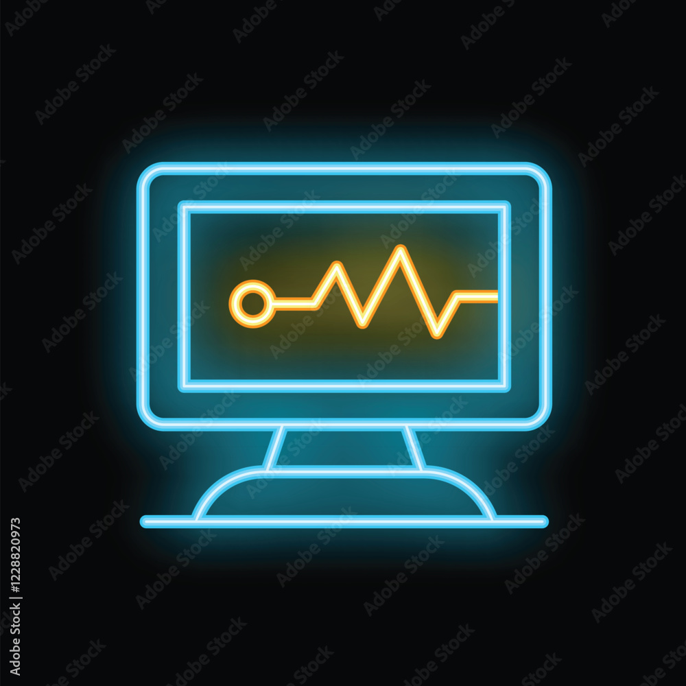 Neon computer icon is glowing, displaying a heartbeat line on its screen, against a dark background Neon computer icon is glowing, displaying a heartbeat line on its screen, against a dark background