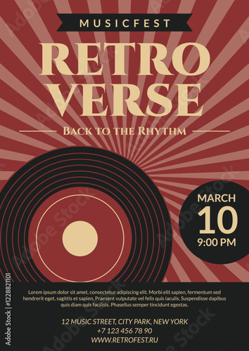 Retro flyer template for music festival. Modern poster with vinyl record and bold vintage fonts. Vector illustration for promoting 70s,80s disco parties, record store promotions, themed music nights