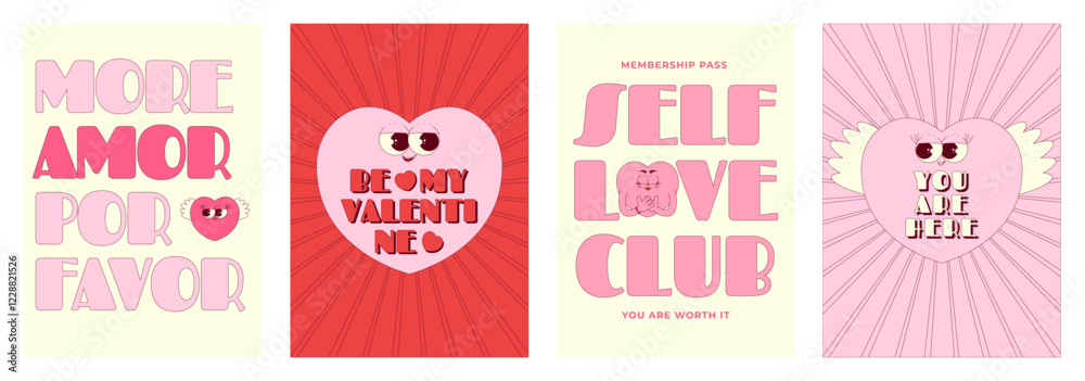 Valentines day cards with text and lovely hearts characters in trendy retro groovy style. Pink, red colors. Vector poster set
