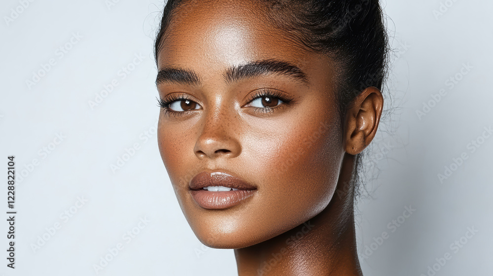 close up of model glowing skin with natural blush and radiant features close up of model glowing skin with natural blush and radiant features