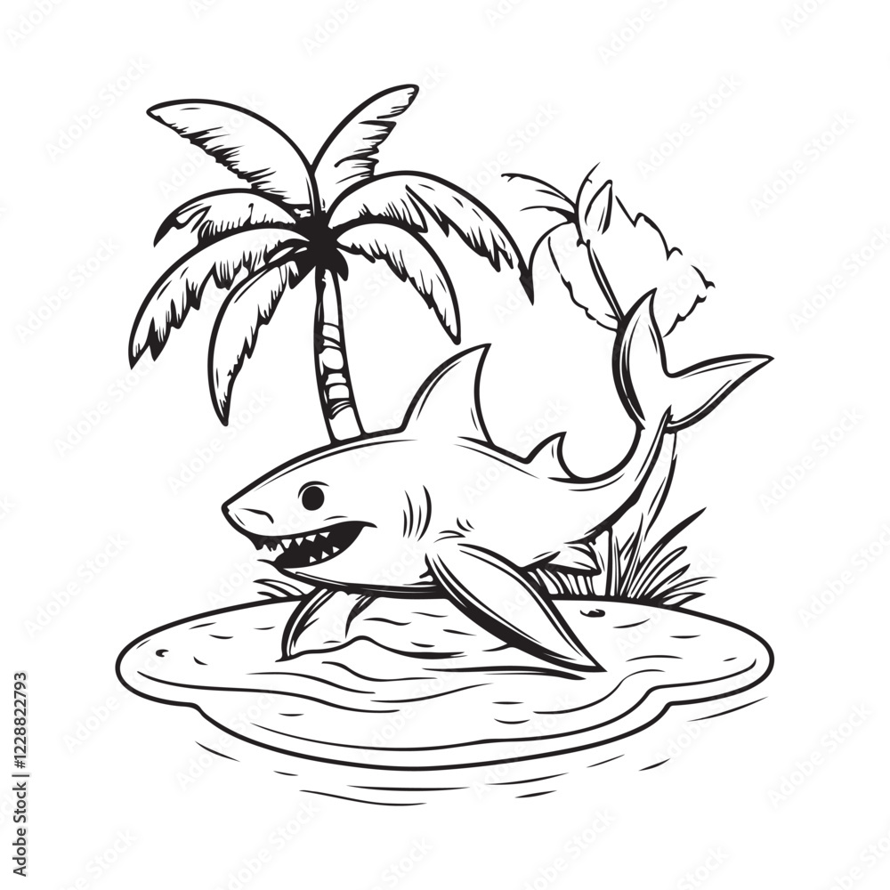 Shark Island Vector. Drawing shark on the island vector isolated on white background. Shark Island Vector. Drawing shark on the island vector isolated on white background.
