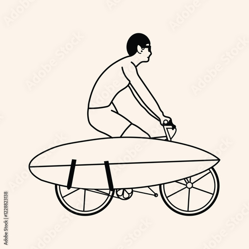 Minimalist illustration of a surfboard with a fin, partially submerged in water, perfect for beach, surf, or summer-themed designs. Clean lines and simple aesthetic.

