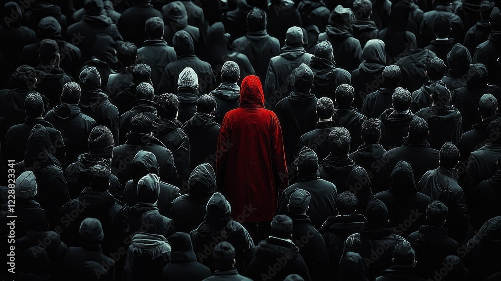 Fototapeta premium Amidst a crowd of indistinguishable dark figures, a lone individual clad in striking red captures attention in a dynamic urban environment. Their presence evokes intrigue and contrast
