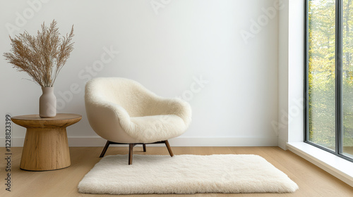 Cozy Nordic inspired corner with sheepskin rug and stylish chair photo