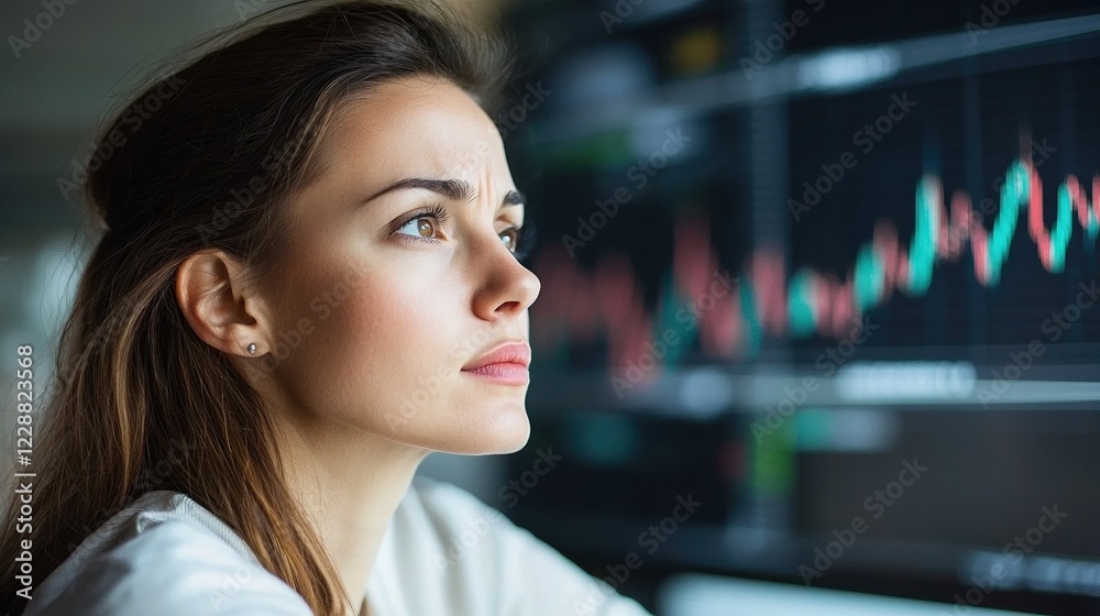 Fototapeta premium Female analyst focused on market trends and stock performance in a modern office.