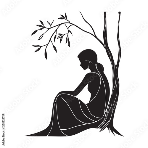 Young Girl Sitting Under a Tree Enjoying the Beauty of Nature Silhouette Vector Illustration