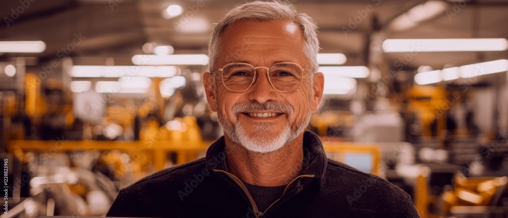 Confident Mature Man Smiling in Factory Setting Confident Mature Man Smiling in Factory Setting