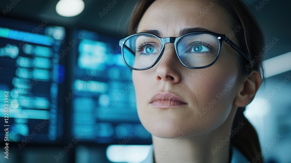 Focused professional woman analyzing data on digital screens with determination. Focused professional woman analyzing data on digital screens with determination.
