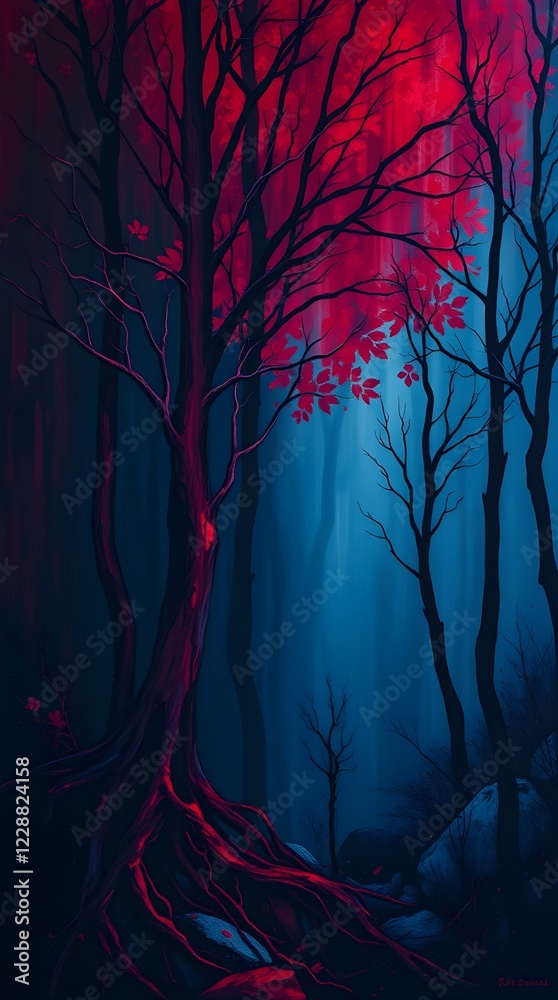 Obraz premium Wallpaper of a forest with red and dark trees illustration 