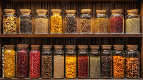 Wallpaper Mural A variety of local spices and dried herbs neatly arranged in glass jars on a wooden shelf. Torontodigital.ca