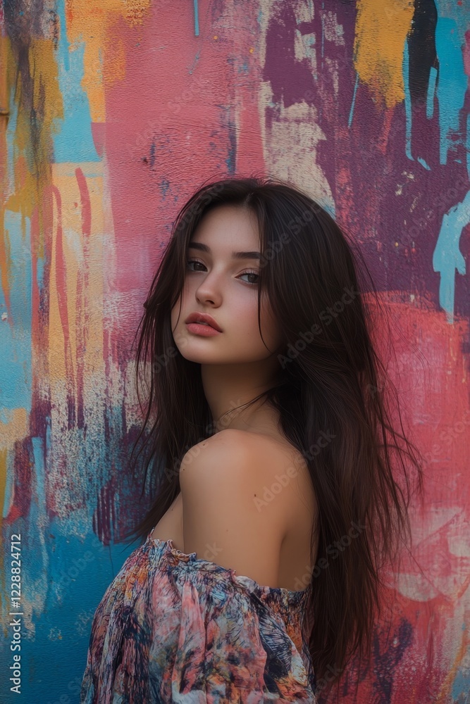 Naklejka premium Young Woman with Long Hair Posing Against Colorful Wall Art