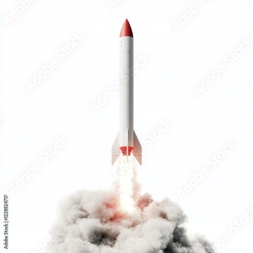 Rocket launching, white background, smoke, startup