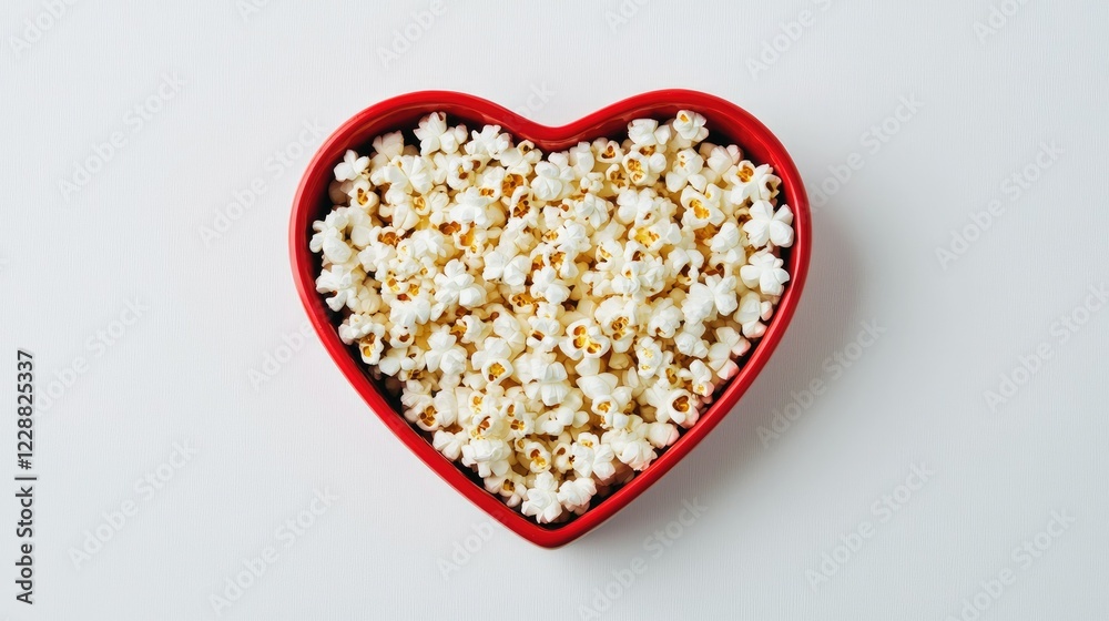 Fresh buttery popcorn arranged in a heart-shaped red bowl, viewed from above, with a minimalist white backdrop Fresh buttery popcorn arranged in a heart-shaped red bowl, viewed from above, with a minimalist white backdrop