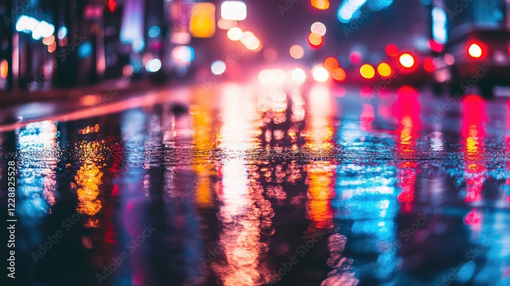 Fototapeta premium LED streetlights reflecting on a wet road at night, showcasing energy efficiency.