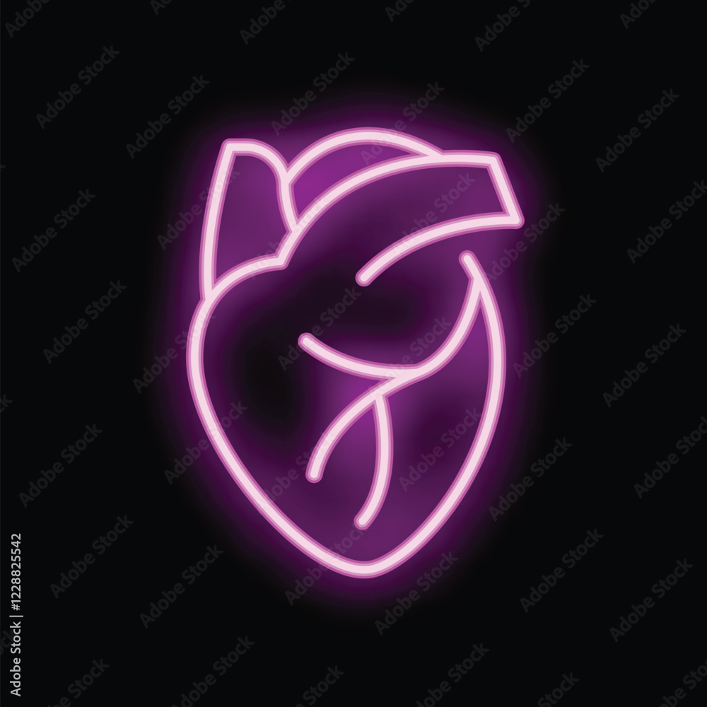 Glowing neon purple human heart sign is shining on a black background Glowing neon purple human heart sign is shining on a black background
