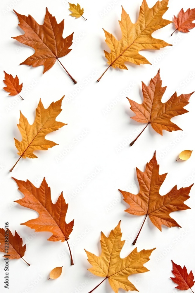 Delicate brown oak leaves scattered on a crisp white background, nature, texture, isolated Delicate brown oak leaves scattered on a crisp white background, nature, texture, isolated