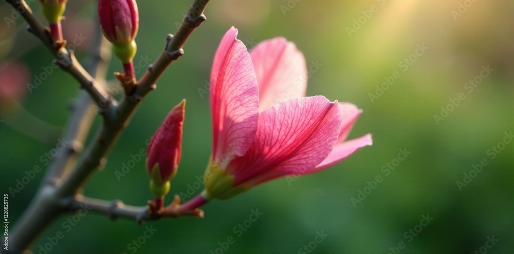 Delicate flower petals unfolding on a bare tree branch, greenery, garden, blossoming Delicate flower petals unfolding on a bare tree branch, greenery, garden, blossoming