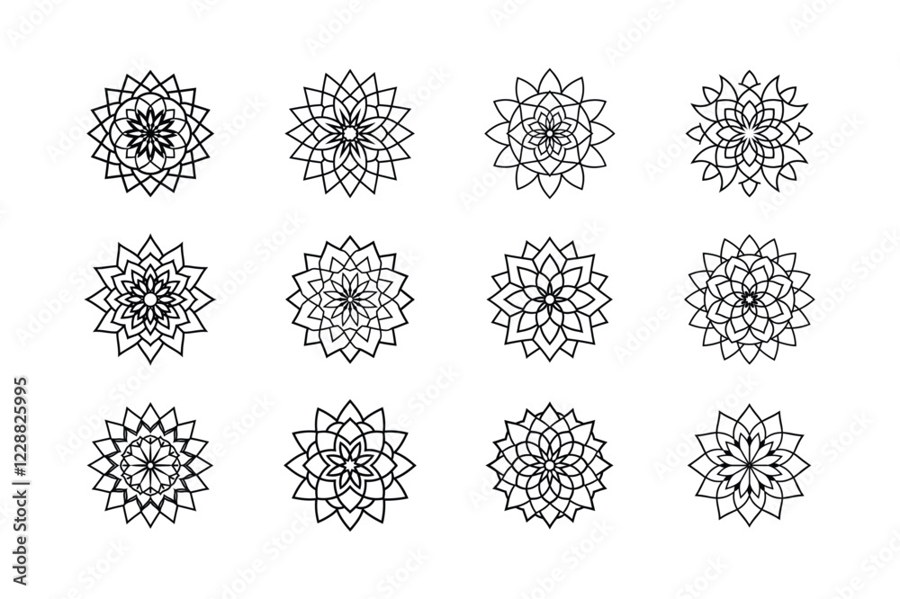 Minimal islamic mandala art set.  patterns. Collection of geometrical mandalas. Boho ornament.