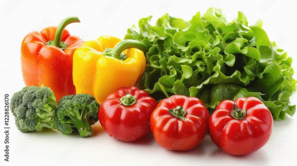 Lush lettuce leaves cradle tomatoes and peppers, their bold hues contrasting the soft light background. Lush lettuce leaves cradle tomatoes and peppers, their bold hues contrasting the soft light background.