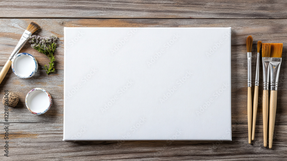 flat lay of DIY materials including blank canvas, brushes, and paint flat lay of DIY materials including blank canvas, brushes, and paint
