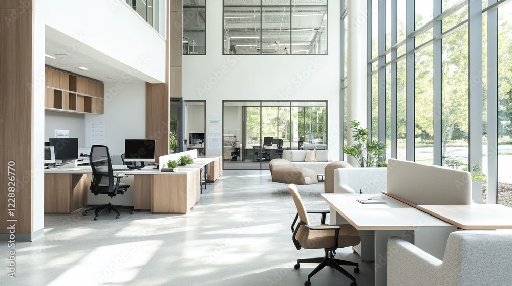 Fototapeta premium Modern office interior with large windows and stylish furniture for a productive atmosphere.