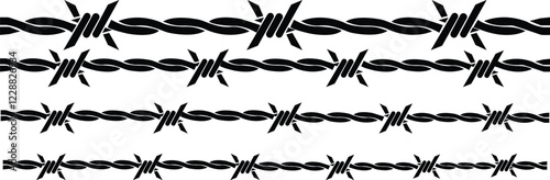 Seamless barb wire shapes icon set, Vector fence graphic deign elements, black wire barb fence frames. Concept of protection danger or security isolated on transparent background, Jail or border fence