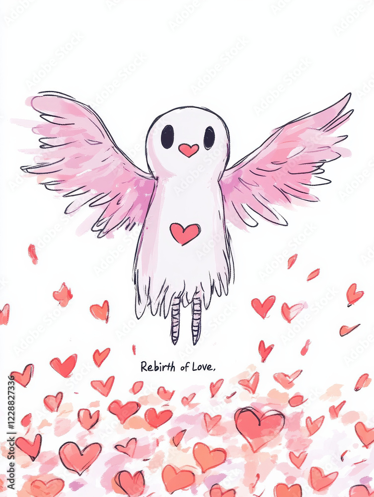 Obraz premium Playful Skeleton Phoenix with Heart Flames and Love Theme: Dark Love Reaper Valentine Illustration T-Shirt Designs