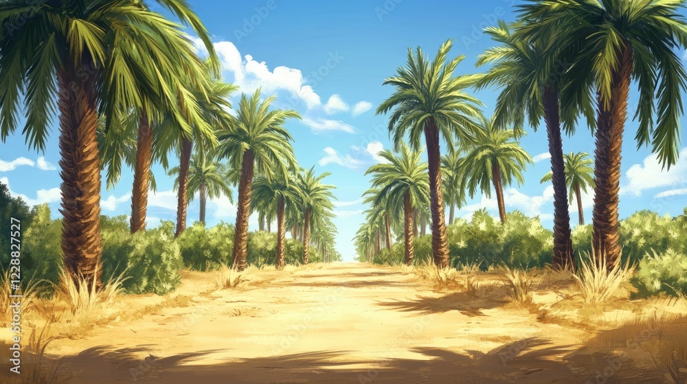 Scenic view of a sandy pathway surrounded by dense date palm trees under a bright blue sky in a calm desert setting, natural beauty Scenic view of a sandy pathway surrounded by dense date palm trees under a bright blue sky in a calm desert setting, natural beauty