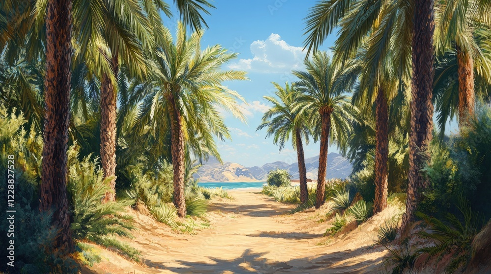 Scenic view of a sandy pathway surrounded by dense date palm trees under a bright blue sky in a calm desert setting, natural beauty Scenic view of a sandy pathway surrounded by dense date palm trees under a bright blue sky in a calm desert setting, natural beauty