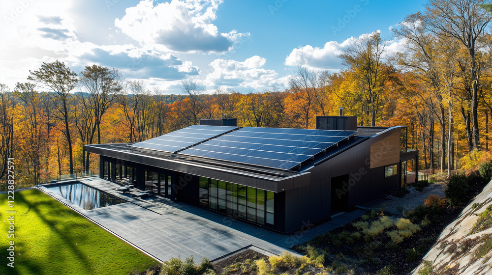 Obraz premium Sustainable house with rooftop solar panel array in autumn setting